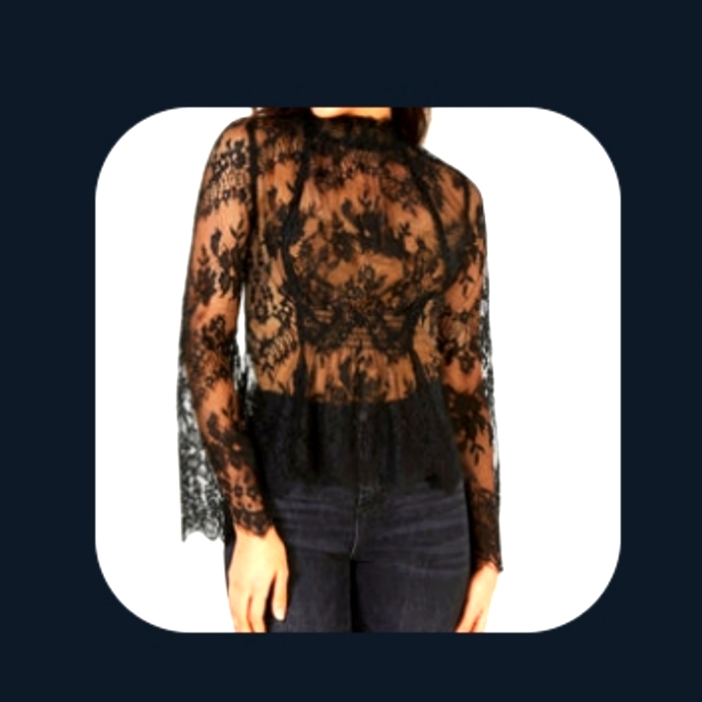 Leyden Sheer Lace Shirt, L, BLACK